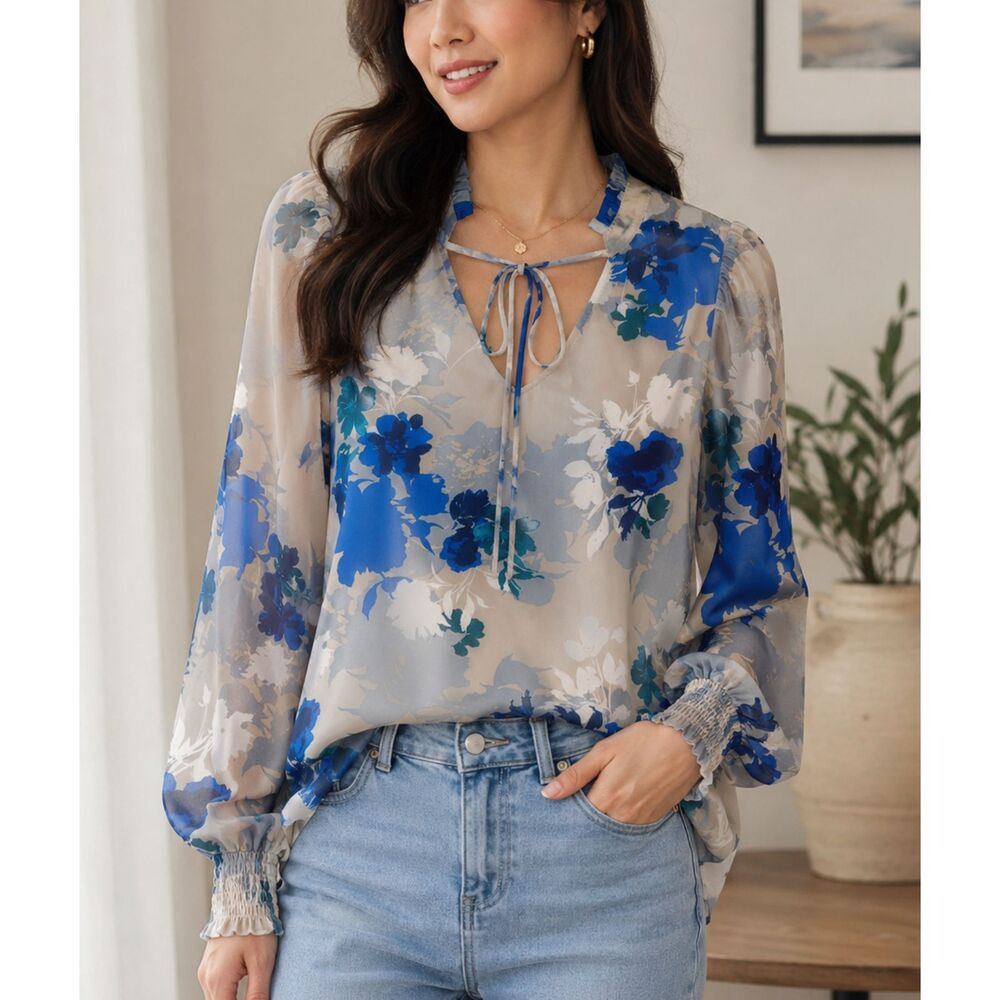 Ophelia Roe Floral Blouse Small Sheer Tie Neck Long Sleeve Boho Top Blue